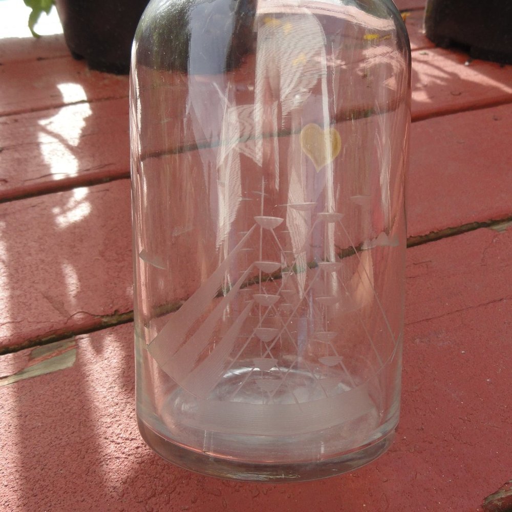 Vintage Etched Tall Ship hand cut wine carafe~Sailing Ship~10.5" tall